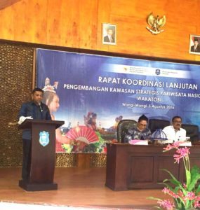 Deputi II Bidang Sumber Daya Alam dan Jasa Kementerian Koordinator Bidang Kemaritiman Agung Kuswandono memberikan Keynote Speech dalam agenda rapat koordinasi lanjutan pengembangan kawasan strategi pariwisata nasional (KSPN) yang berlangsung di Wakatobi 5 agustus 2016