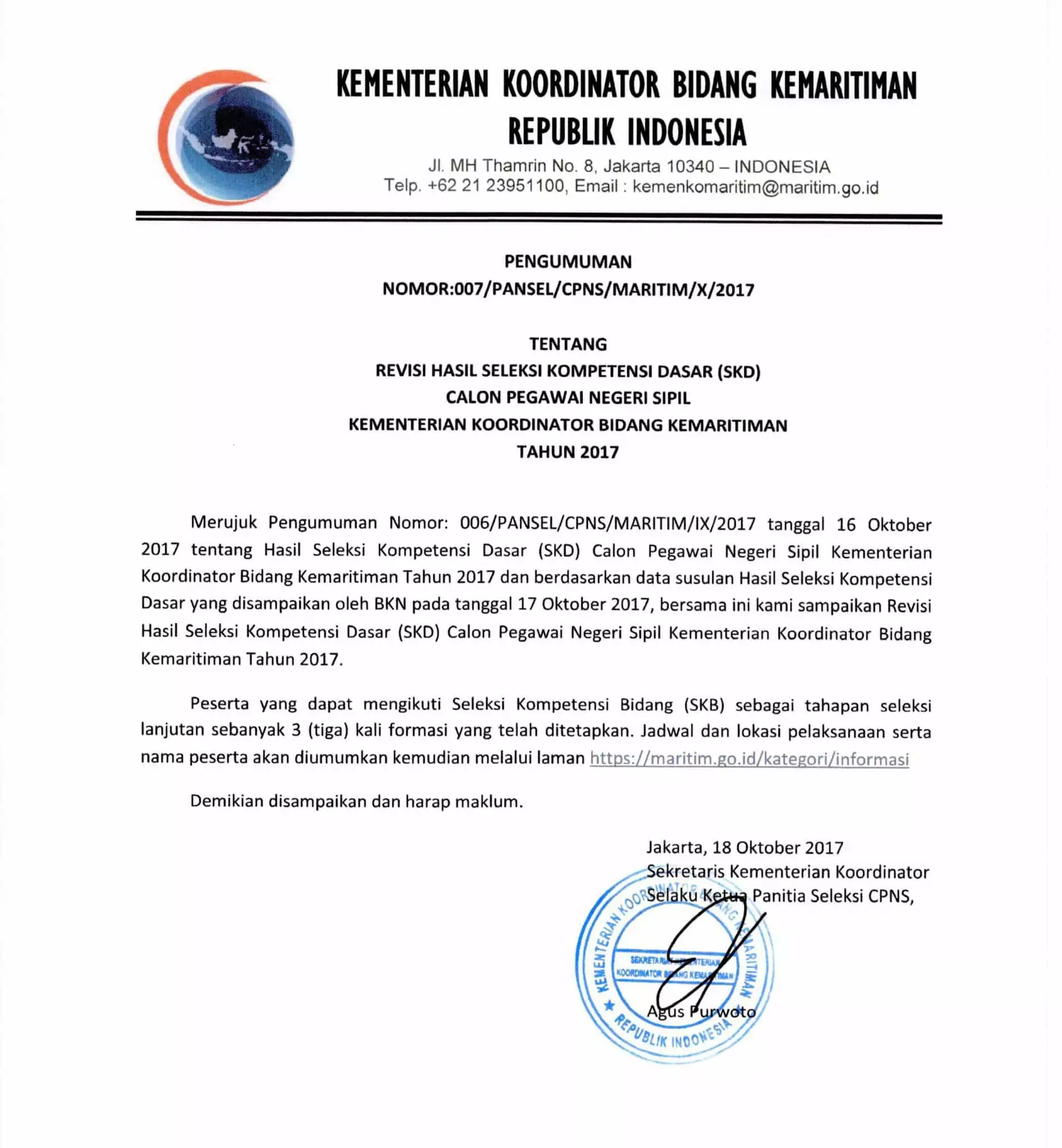 Pengumuman Hasil SKD Kategori Umum Pengumuman Hasil SKD Kategori Umum